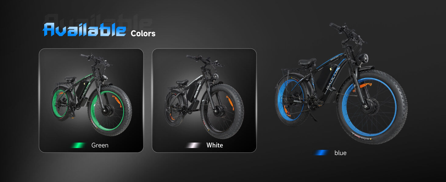 Available colors of Baolujie DP-2602 52V dual motor electric bike: black, green, blue