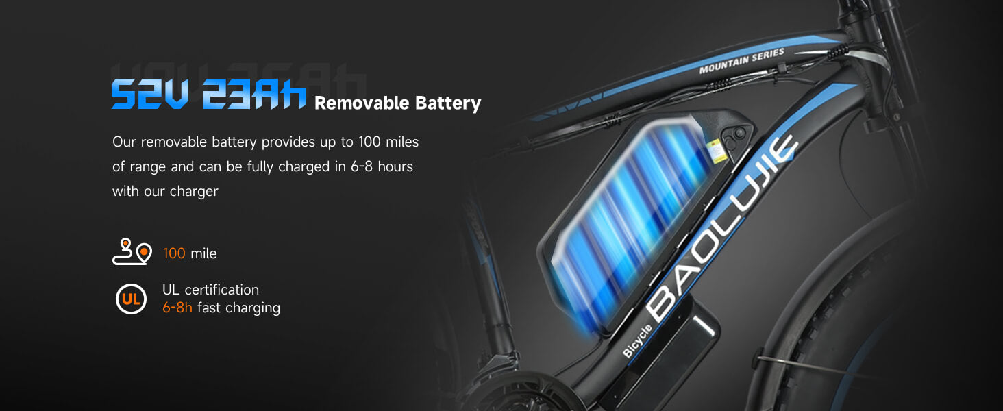 Removable 52V battery of Baolujie DP-2602 dual motor electric bike, designed for extended range and off-road performance.