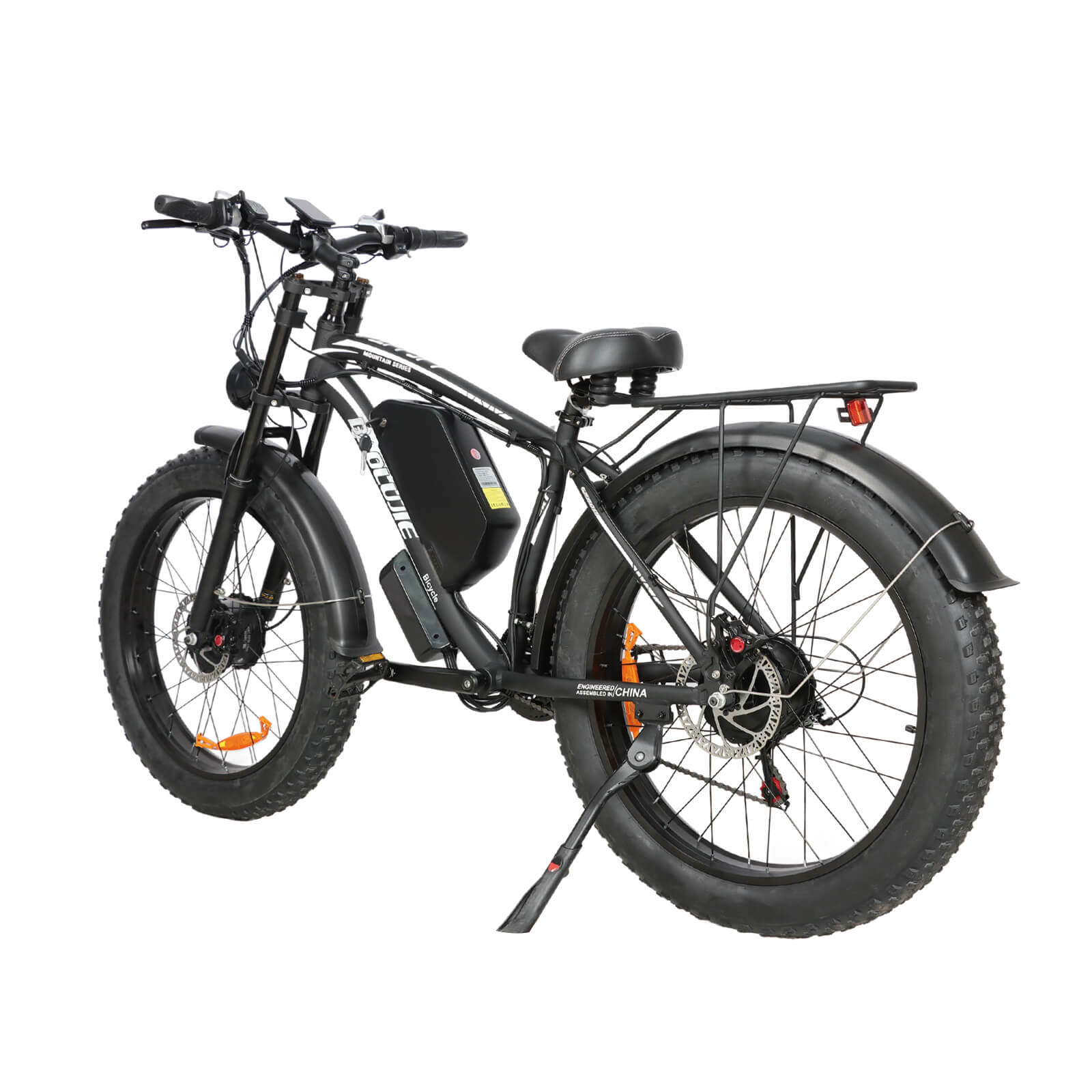 Rear left angle view of black Baolujie DP-2602 52V dual motor electric bike.