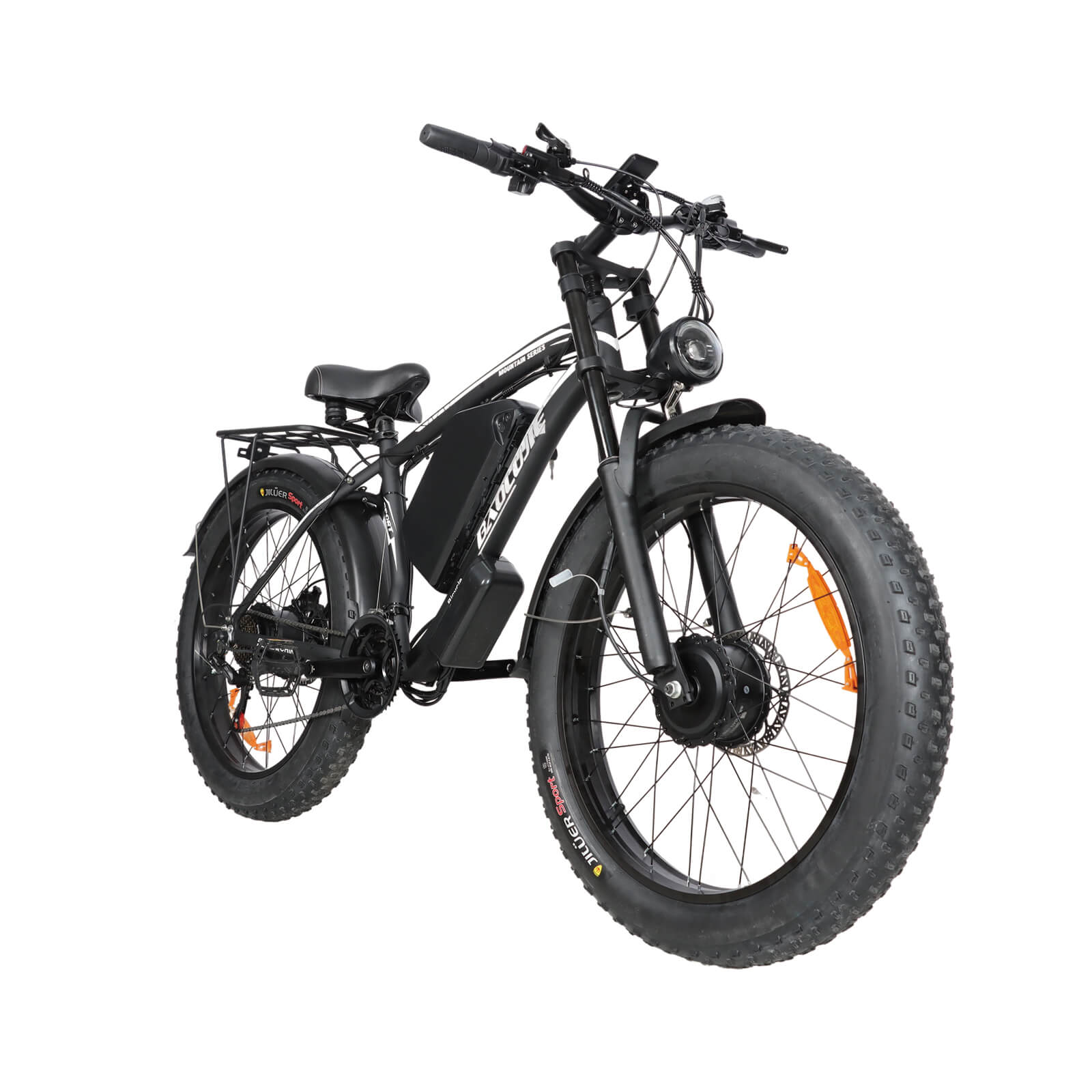 Front right angle view of black Baolujie DP-2602 52V dual motor electric bike.