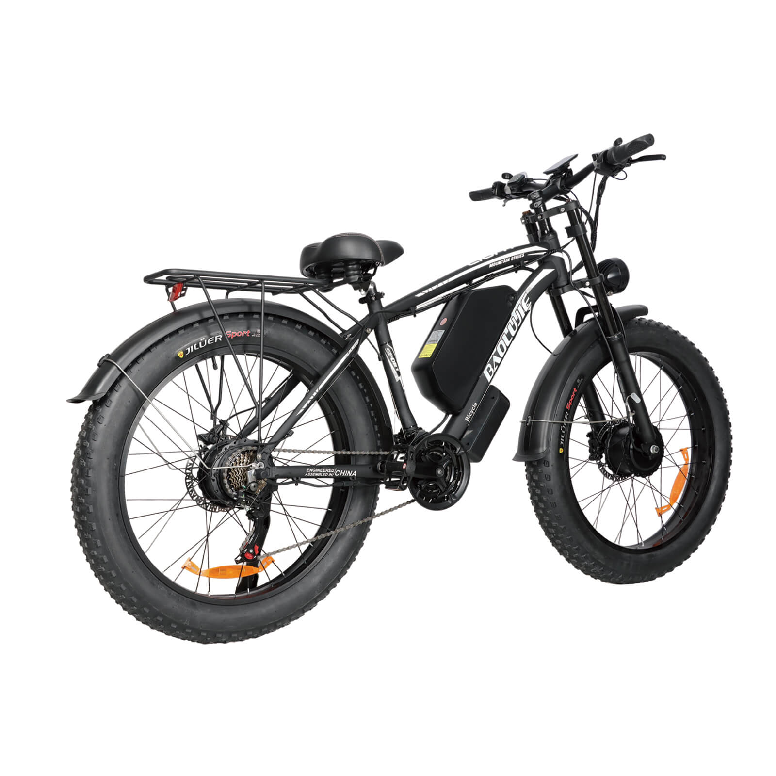 Rear right angle view of black Baolujie DP-2602 52V dual motor electric bike.