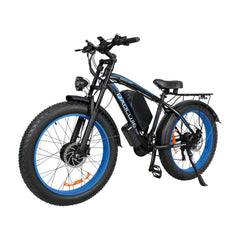 Front left angle of blue Baolujie DP-2602 52V dual motor electric bike.