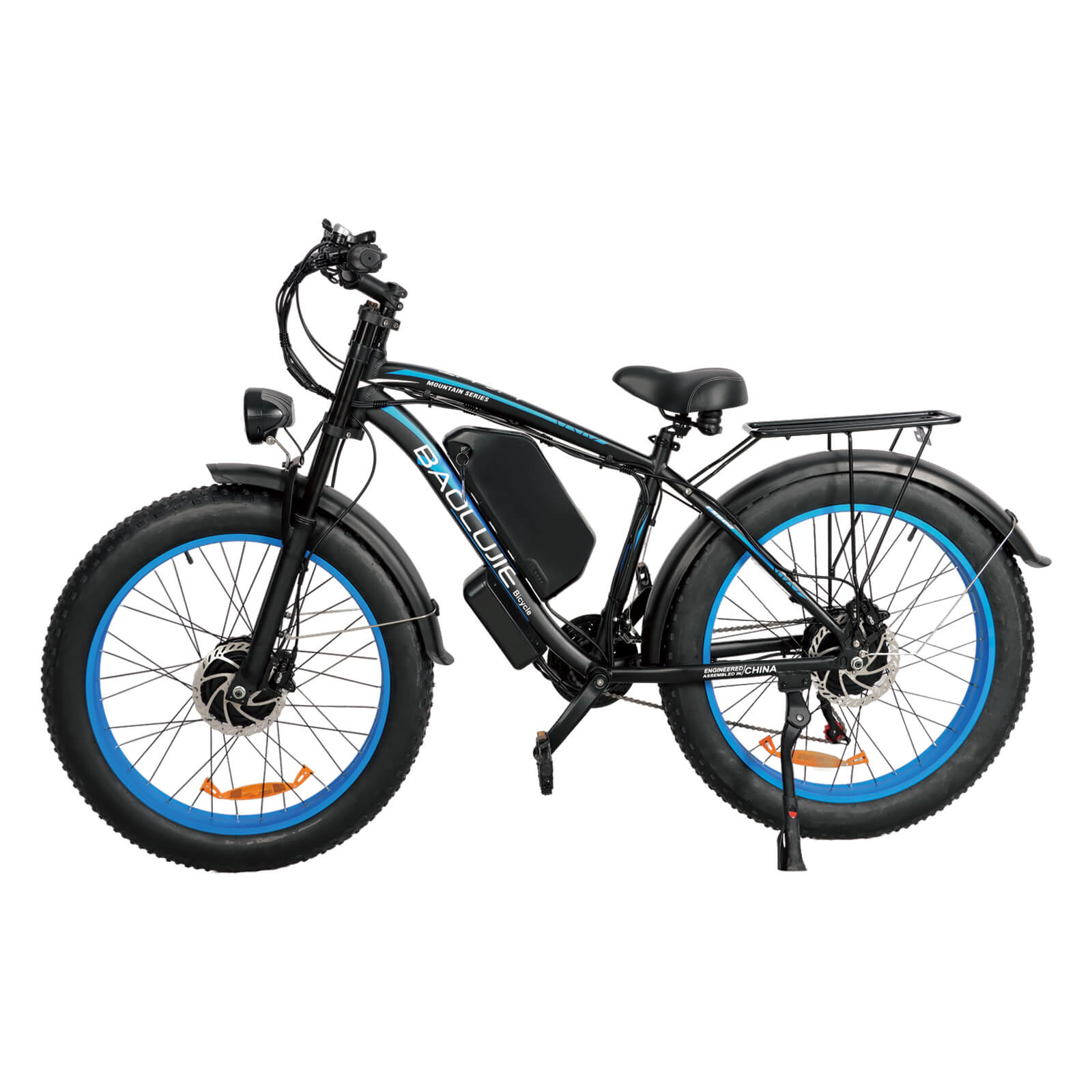 Left side view of blue Baolujie DP-2602 52V dual motor electric bike.