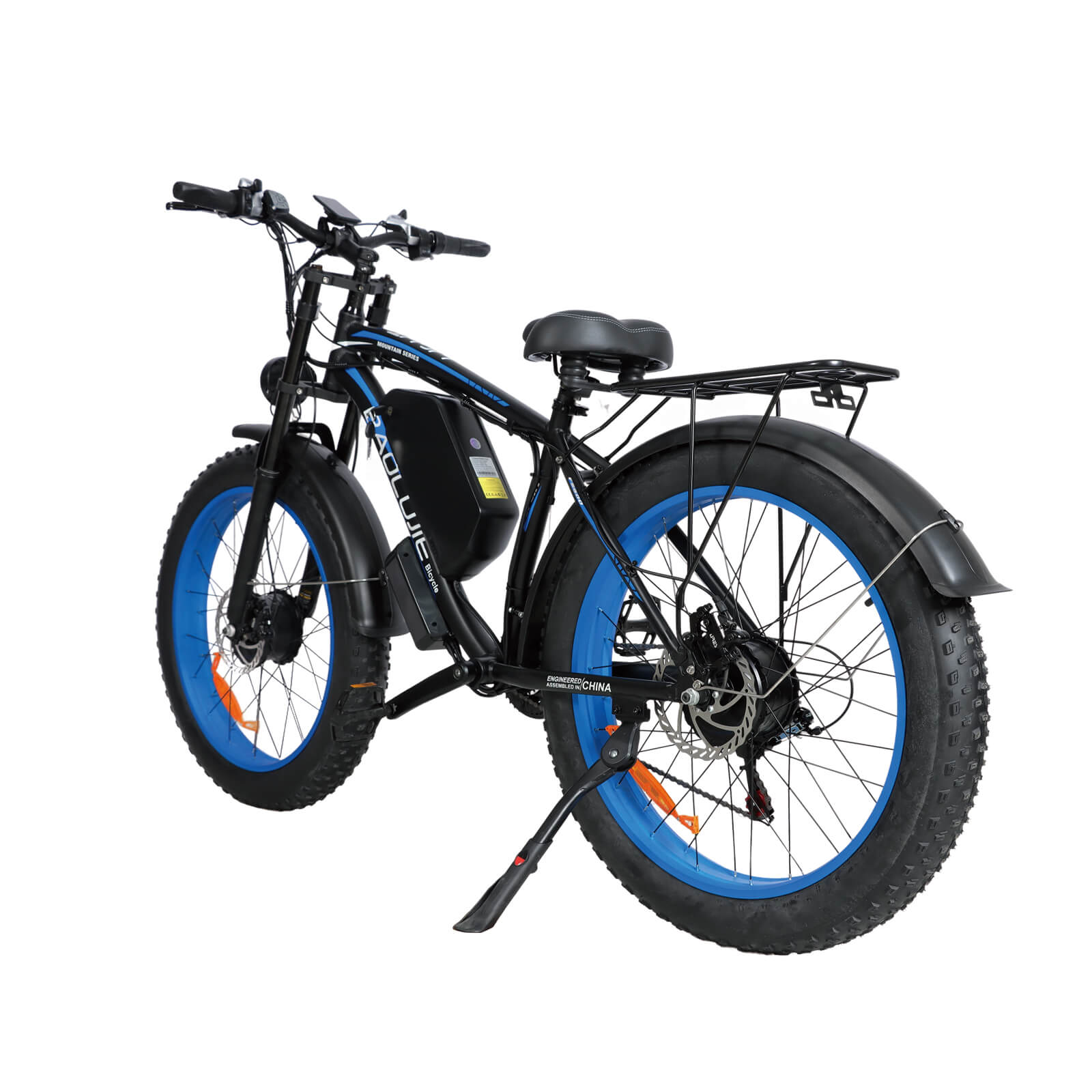 Rear left angle of blue Baolujie DP-2602 52V dual motor electric bike.