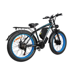 Rear right angle of blue Baolujie DP-2602 52V dual motor electric bike.