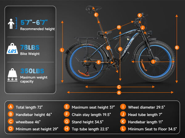 Size specifications of Baolujie DP-2602 52V dual motor electric bike for adults