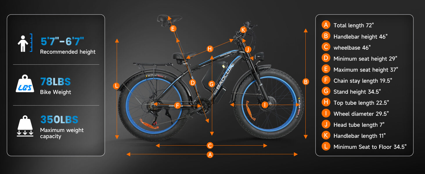 Dimensions of Baolujie DP-2602 52V dual motor electric bike, including full detail's length, width, and height.