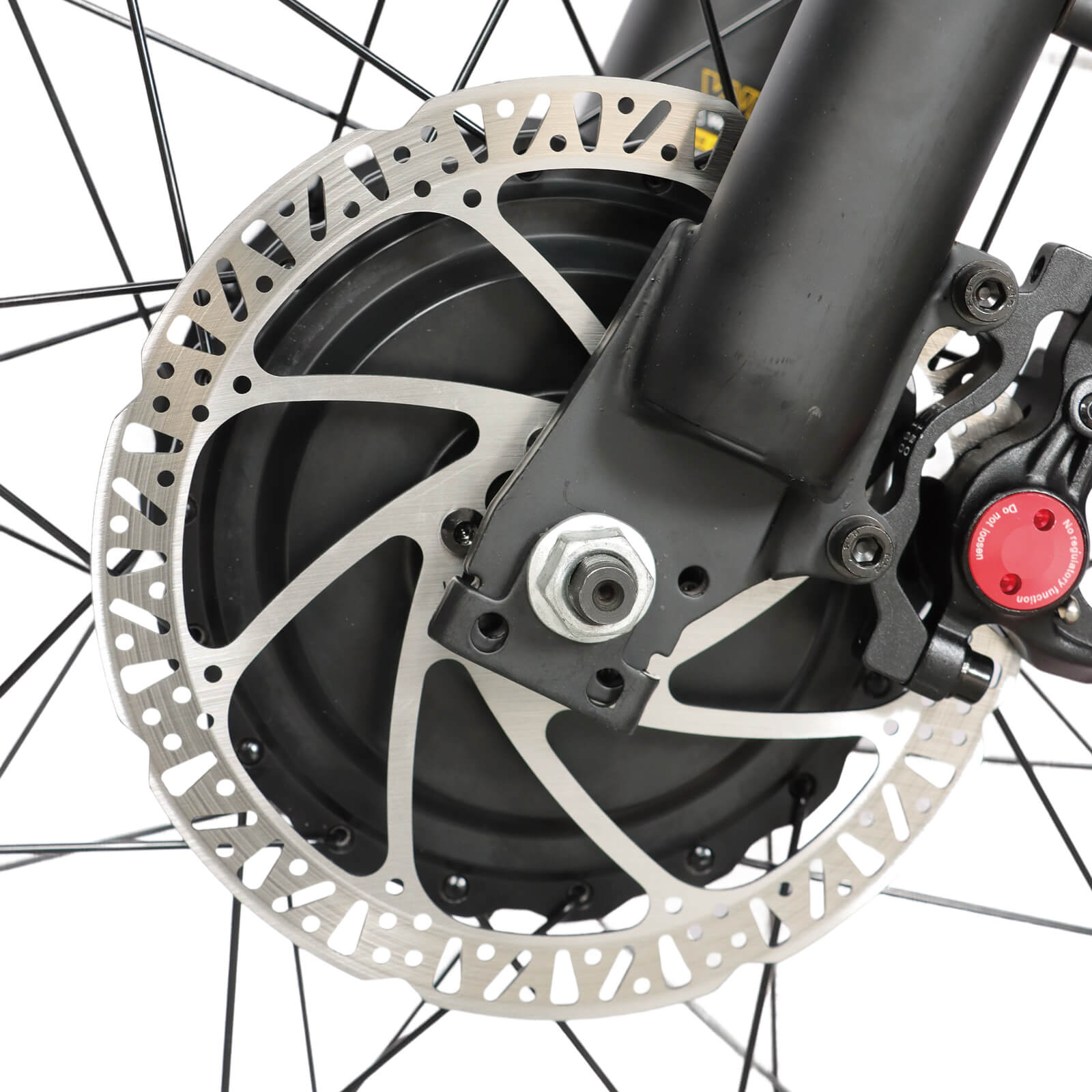 Front disc brake detail of Baolujie DP-2602 52V dual motor off-road electric bike.