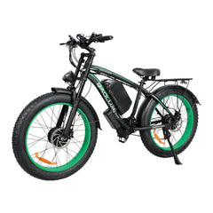 Front left angle of green Baolujie DP-2602 52V dual motor electric bike.