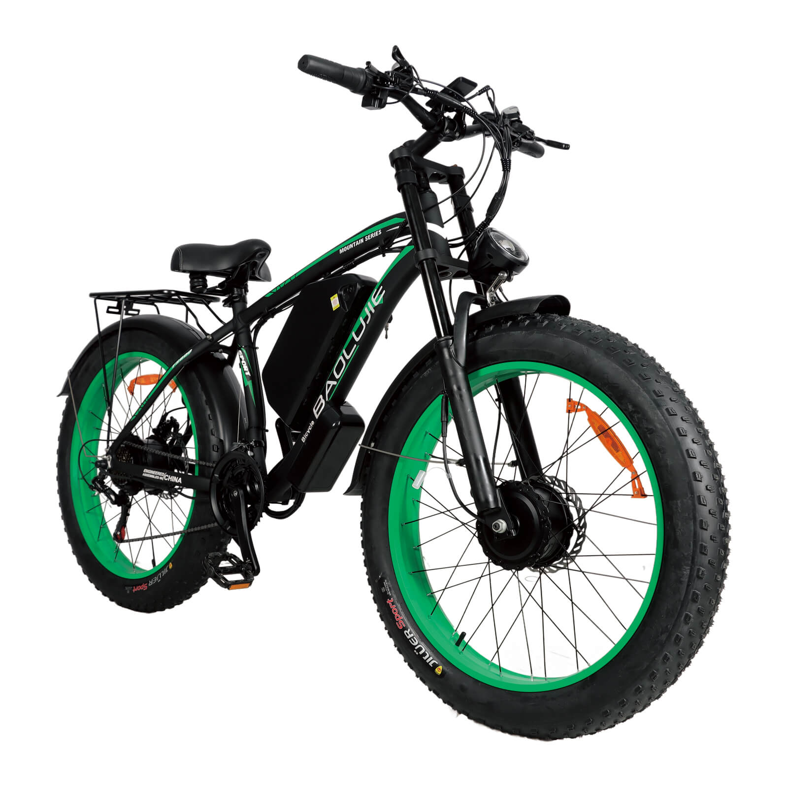 Front right angle of green Baolujie DP-2602 52V dual motor electric bike.