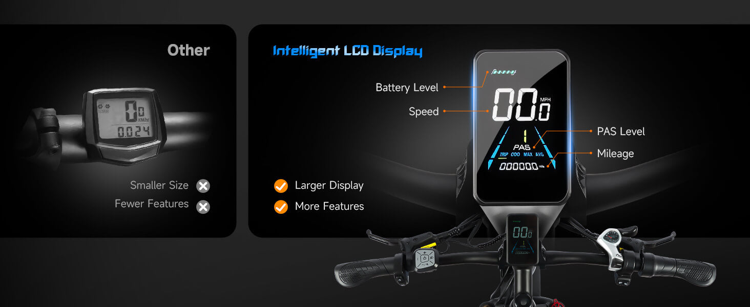 Color LCD display of Baolujie DP-2602 52V dual motor electric bike, showing battery level, Speed, PAS level, Mileage.