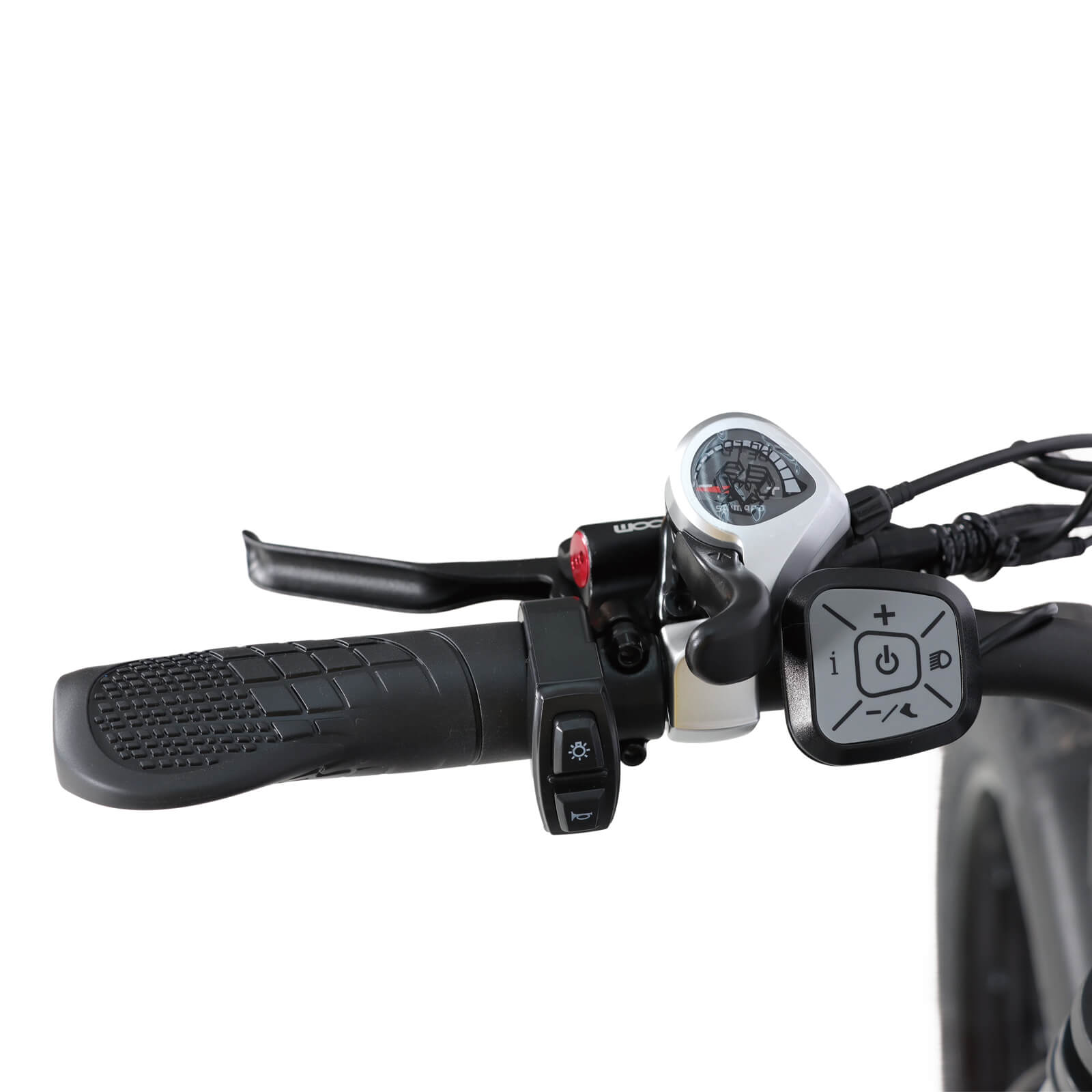 Left handlebar of Baolujie DP-2602 52V dual motor electric bike with control buttons.