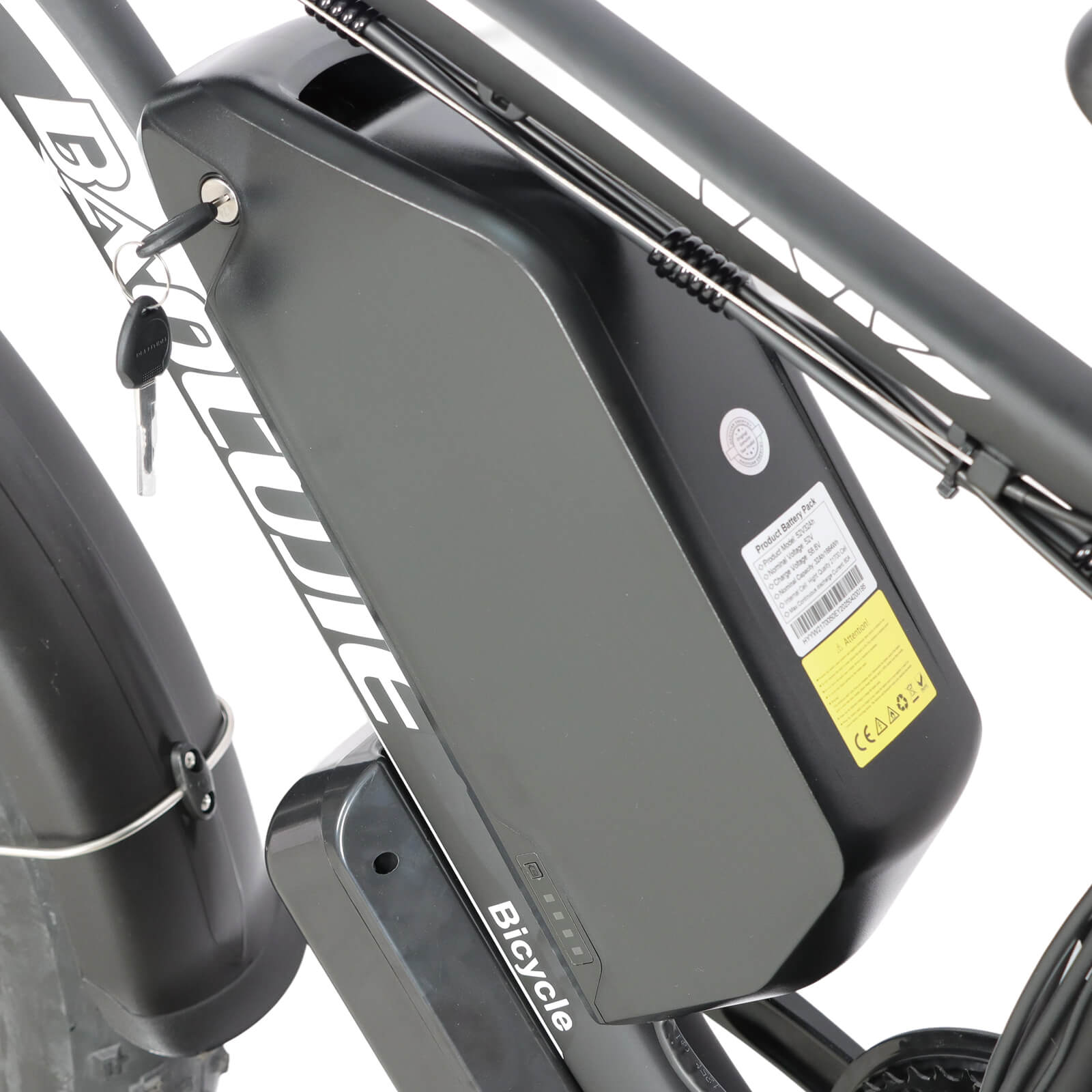 Close-up of removable 52V battery on Baolujie DP-2602 dual motor electric bike.