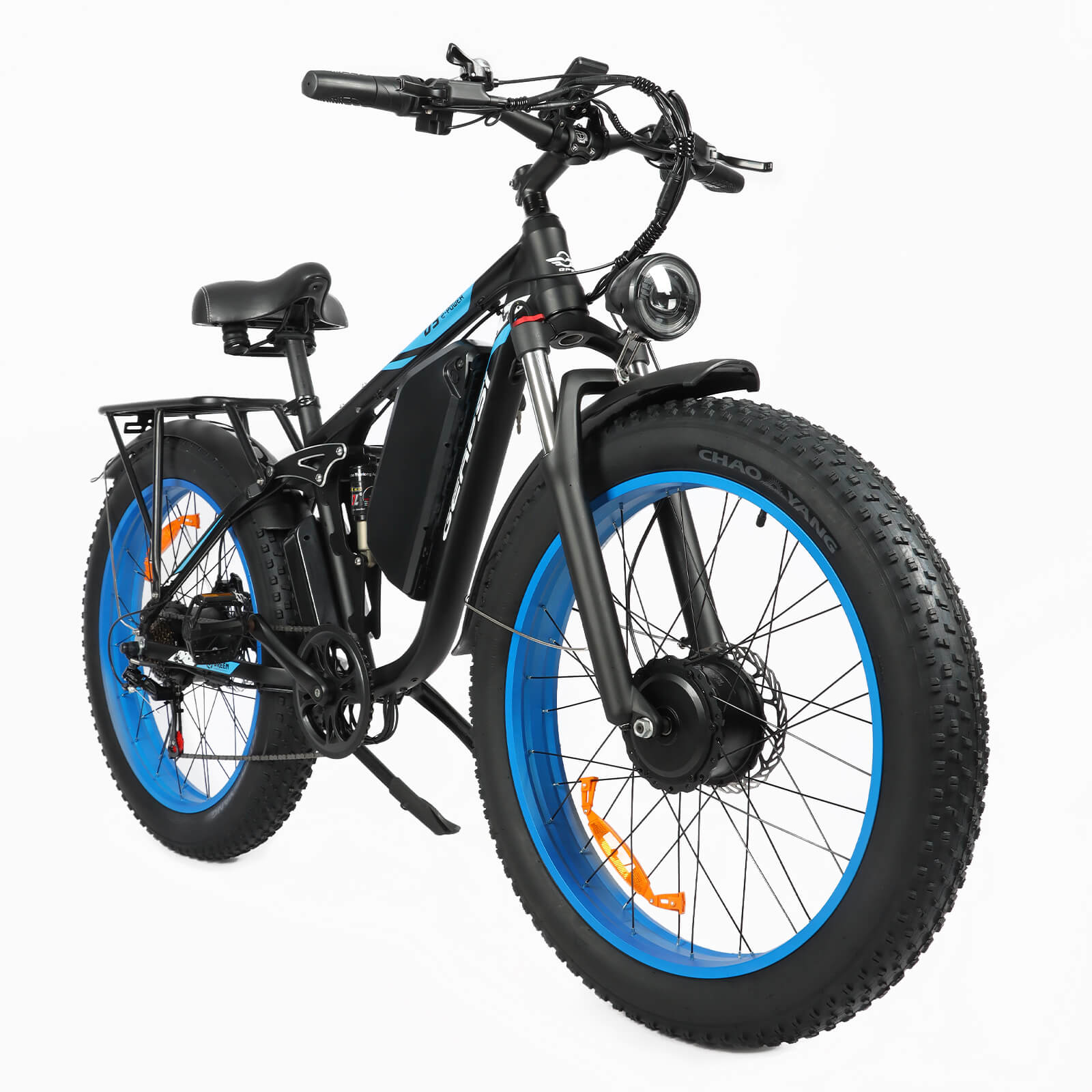 Front right angle view of blue DP-2603 48V dual motor electric bicycle