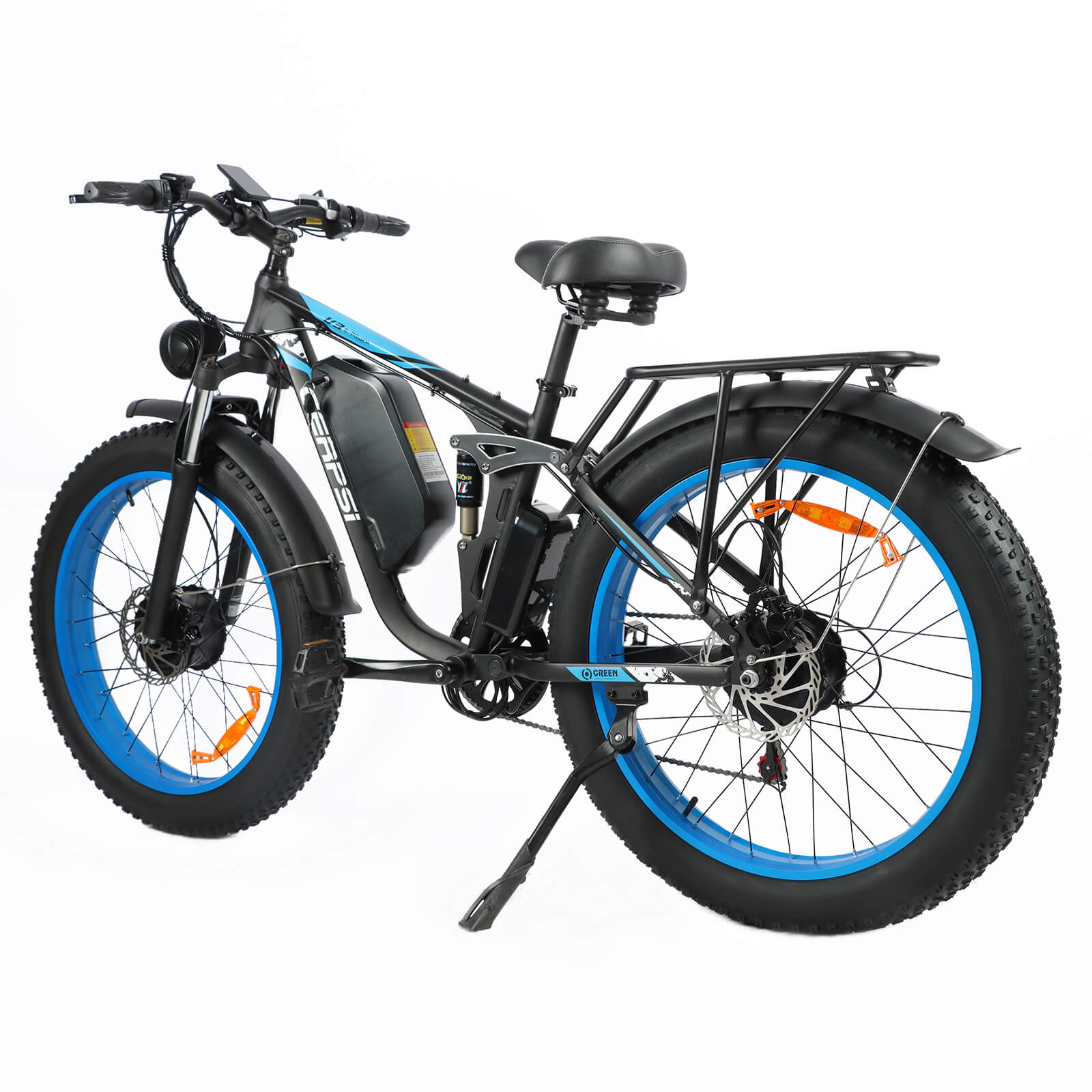 Rear left angle view of blue DP-2603 48V dual motor electric bicycle