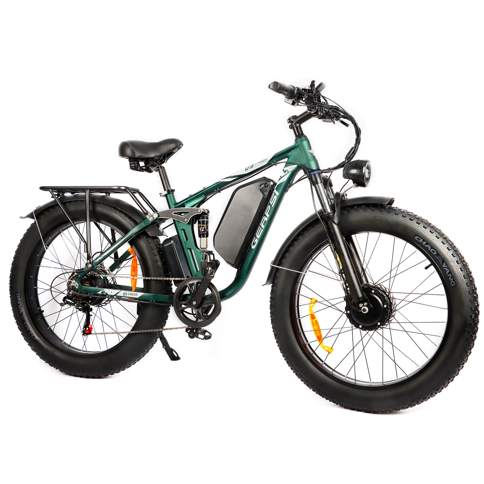 Front right angle view of green DP-2603 48V dual motor electric bicycle