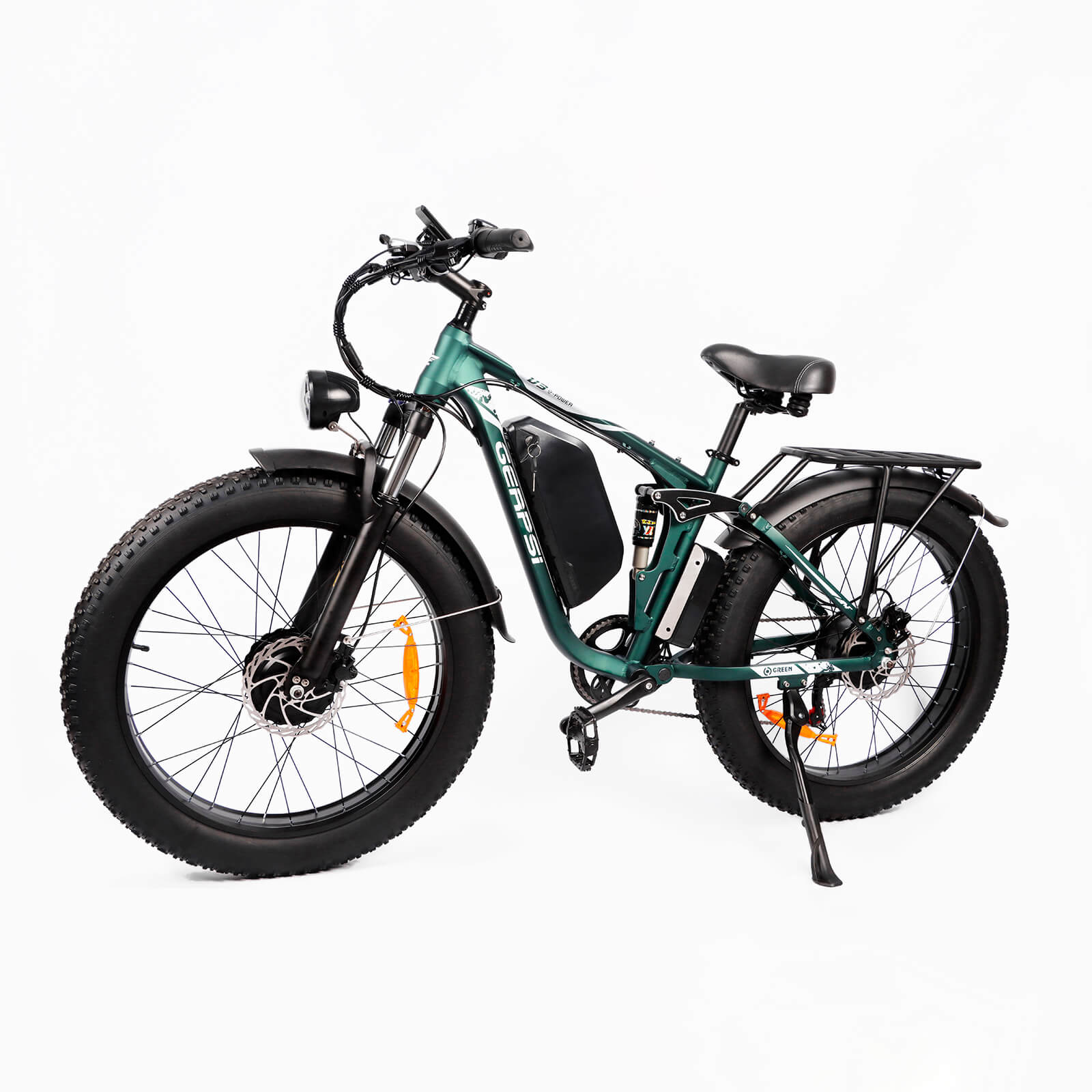 Front left angle view of green DP-2603 48V dual motor electric bike