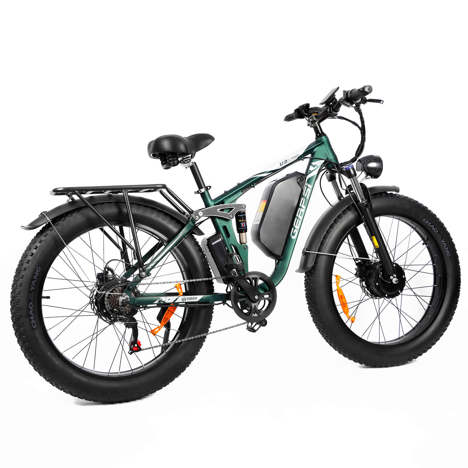 Rear right angle view of green DP-2603 48V dual motor electric bike