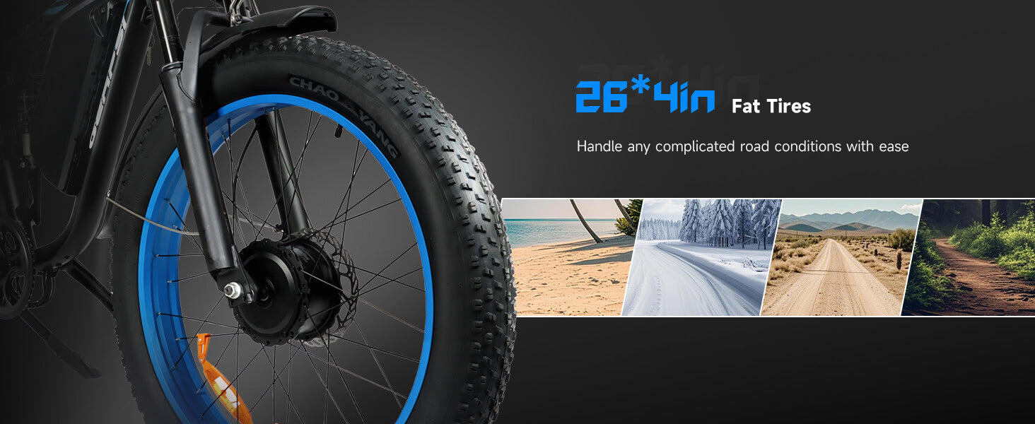 26x4 inch fat tires on DP-2603 52V 3000W electric bike for enhanced terrain handling
