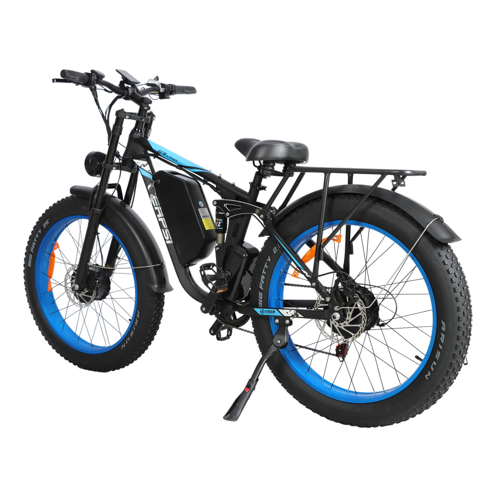 Rear left angle view of blue DP-2603 52V dual motor electric bicycle