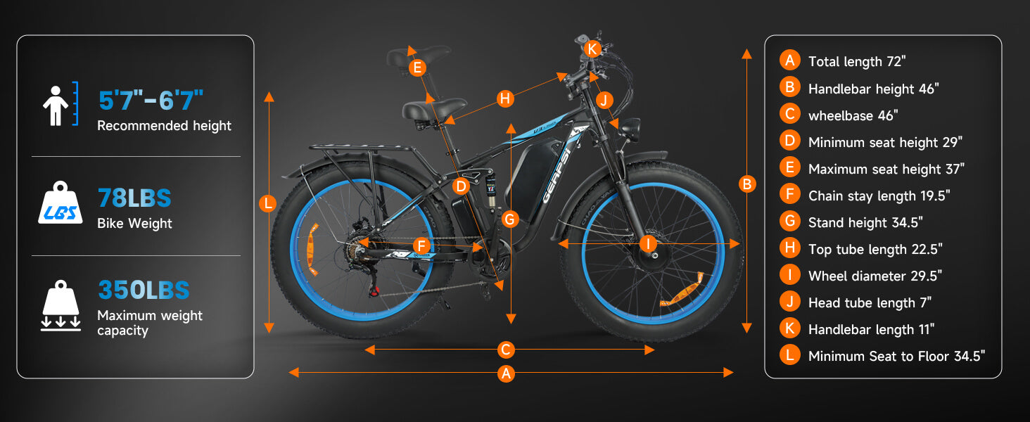 Dimensions of DP-2603 52V 3000W electric bike