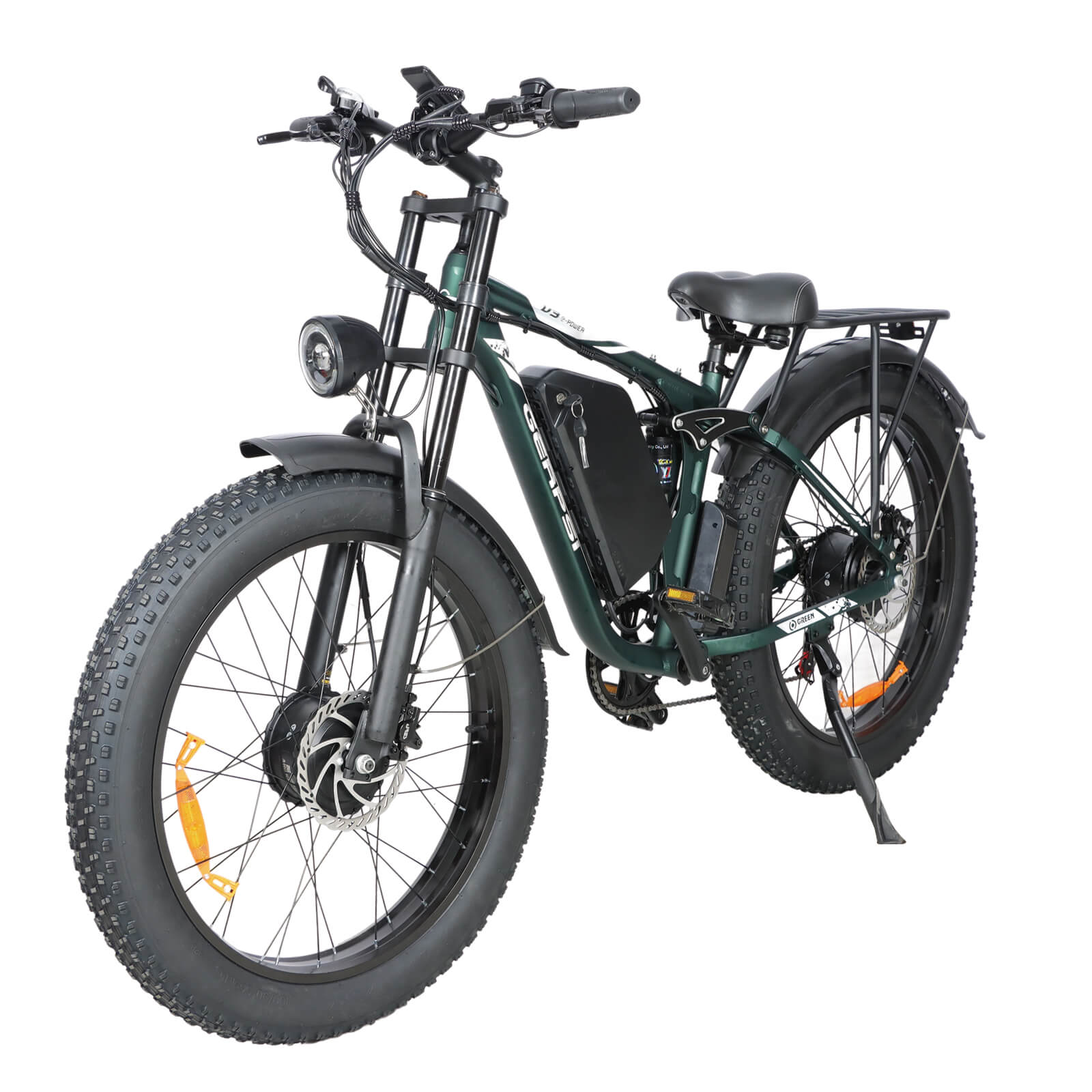 Front left angle view of green DP-2603 52V dual motor electric bike