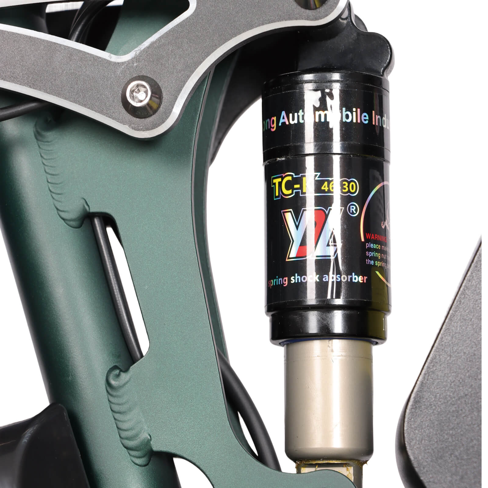 Mid suspension detail on green DP-2603 52V dual motor electric bike