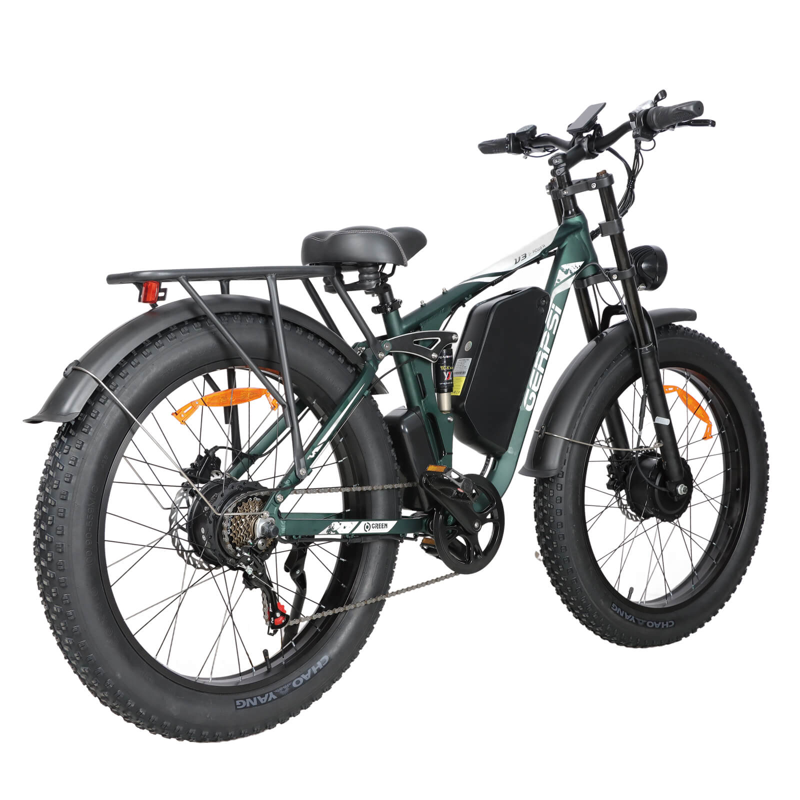 Rear right angle view of green DP-2603 52V dual motor electric bike