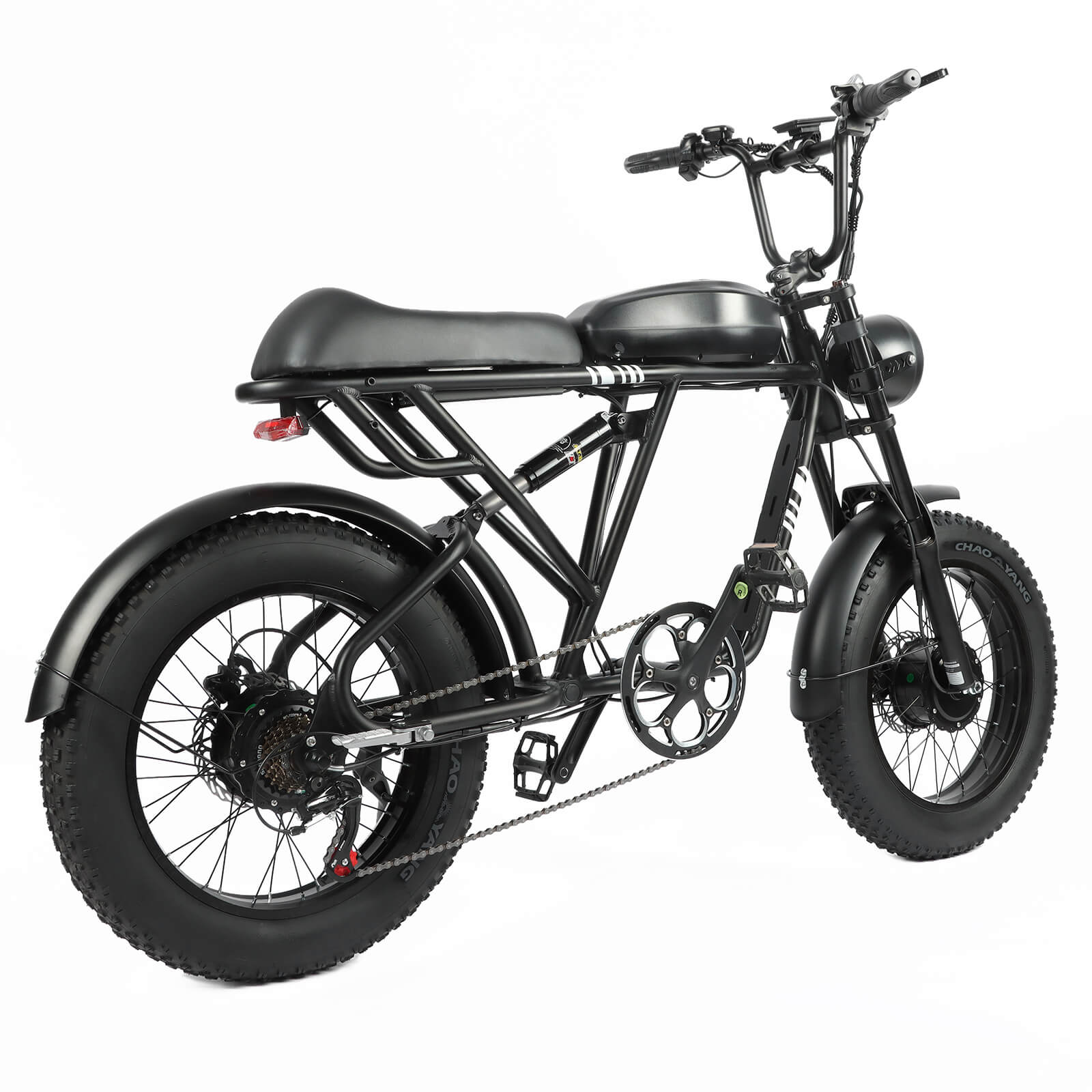 Rear right angle view of black DP-2008 electric bike